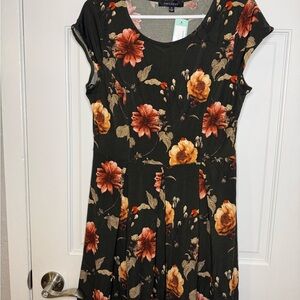 Floral Olive Dress with Orange and Yellow Accents